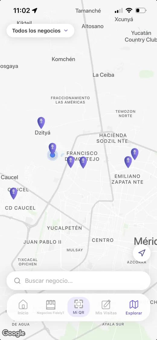 Mapa de negocios en Mérida en la app FidelyT
