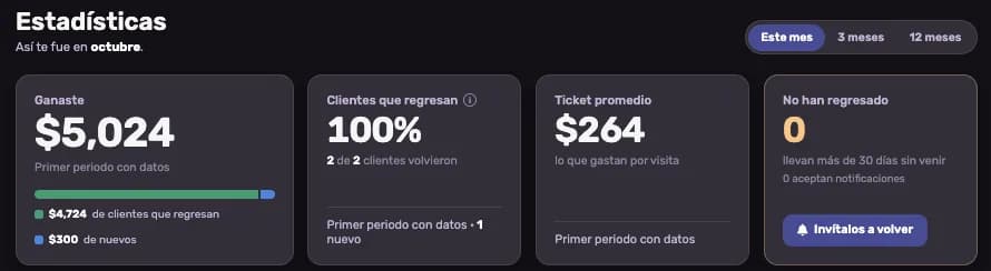 Estadísticas del mes en el panel de FidelyT: ganancia, ticket promedio y clientes que regresan