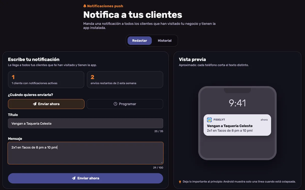 Pantalla del panel de FidelyT para escribir, programar y previsualizar una notificación