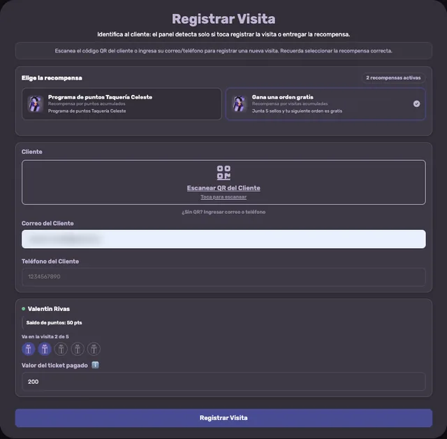 Pantalla para registrar una visita en el panel de FidelyT